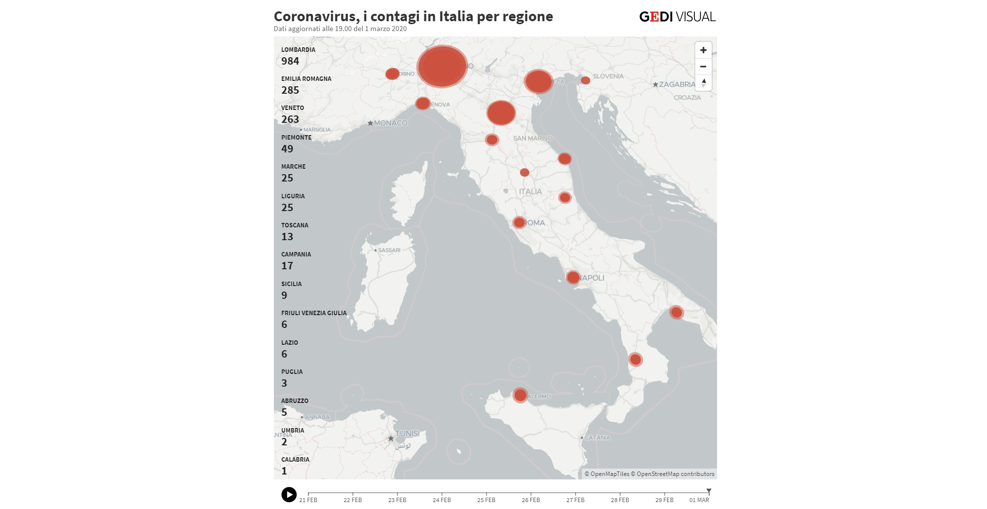 Coronavirus, mappa dell'Italia